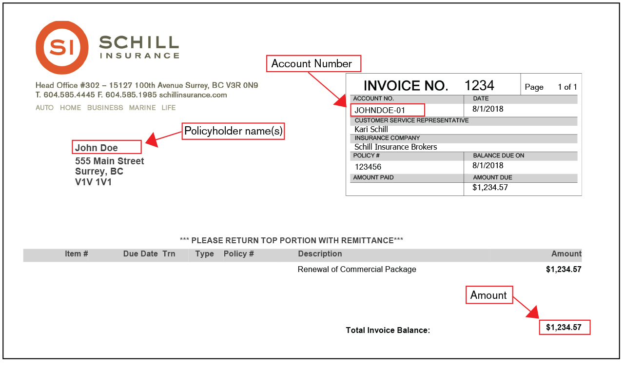 schill insurance invoice example